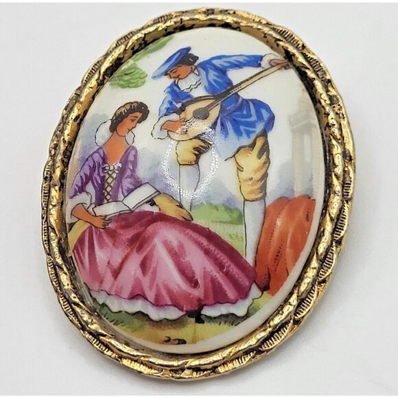 Antique Jewelry - Antique Limoges Hand Painted Porcelain France Brooch Courting Couple 2in